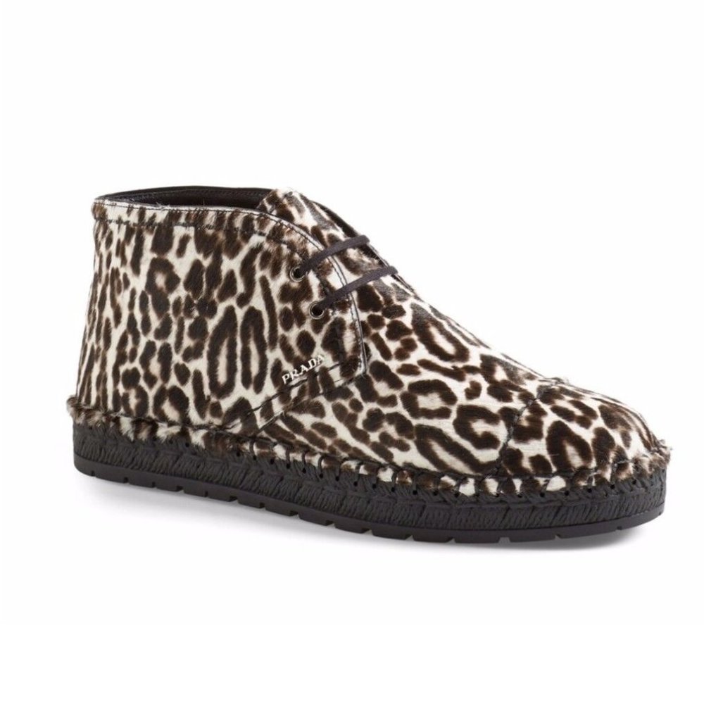 $950+ PRADA MILANO Leopard Print CALF HAIR Espadrille PLATFORM BOOT 39 (Z1)